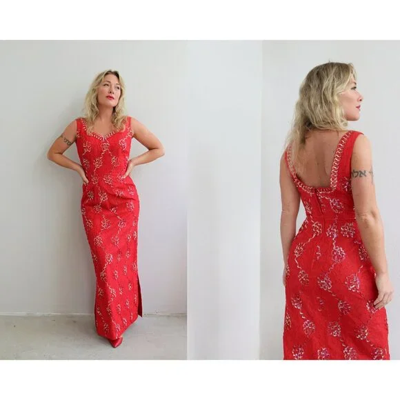 Mike Benet Dresses | 1960's Mike Benet Lipstick Reds Evening Gown // Women's Extra Small To Small | Color: Red/Silver | Size: S | Salvagehousevtg's
